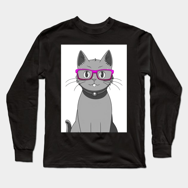 Cute Grey Cat with Nerdy Pink Glasses - Anime Wallpaper Long Sleeve T-Shirt by KAIGAME Art